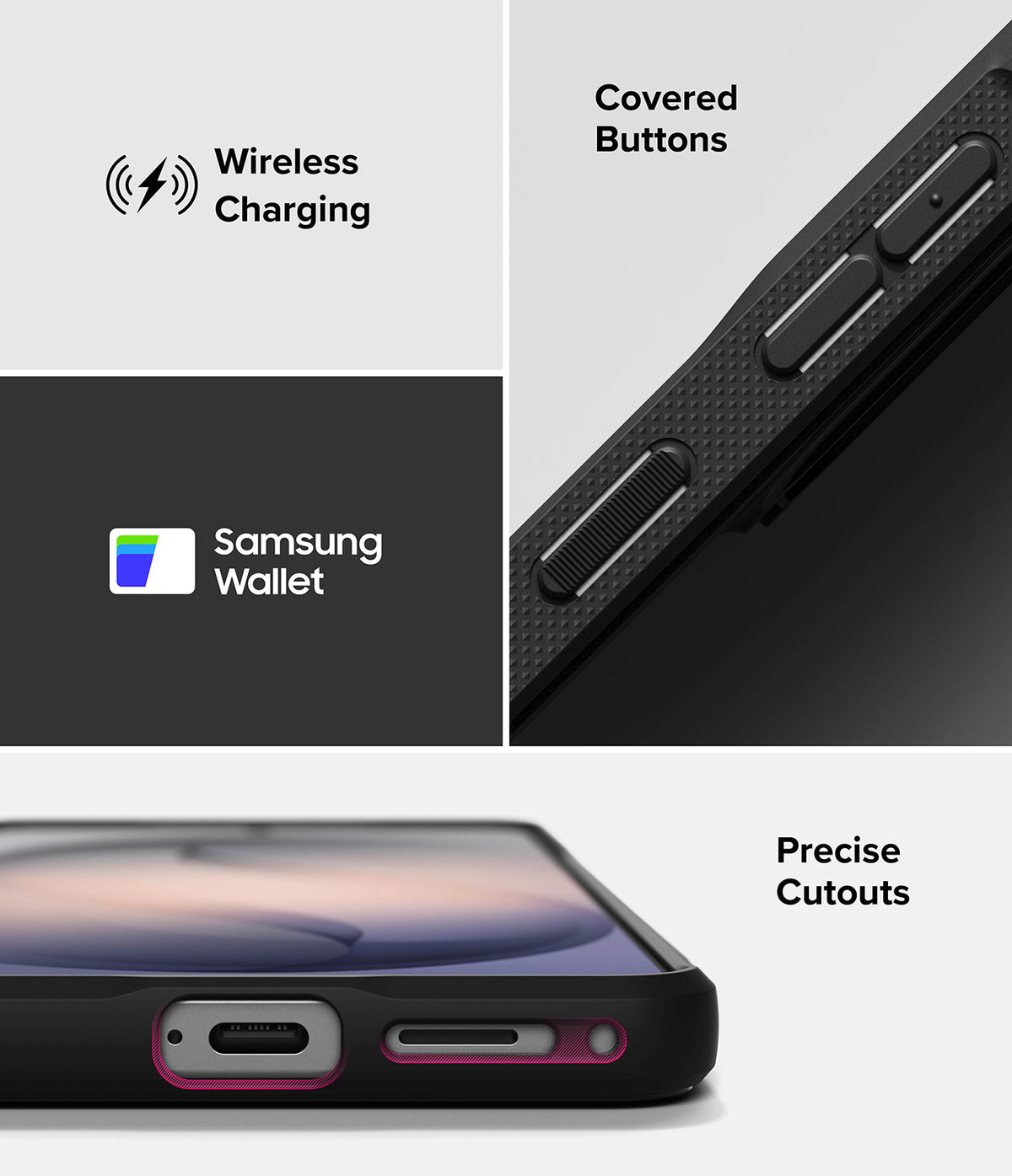 Galaxy S26 Plus Case | Onyx - Features showing covered buttons, wireless charging, Samsung Wallet, and precise port cutouts.