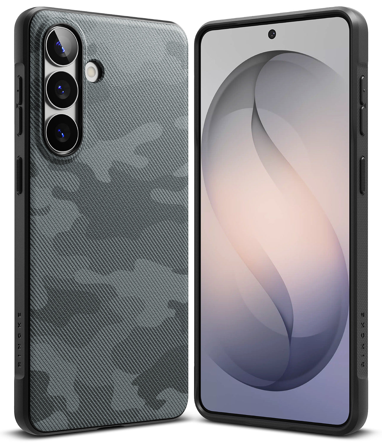 Galaxy S26 Plus Case | Onyx - Front and back view of a black phone case with a textured gray camouflage pattern.
