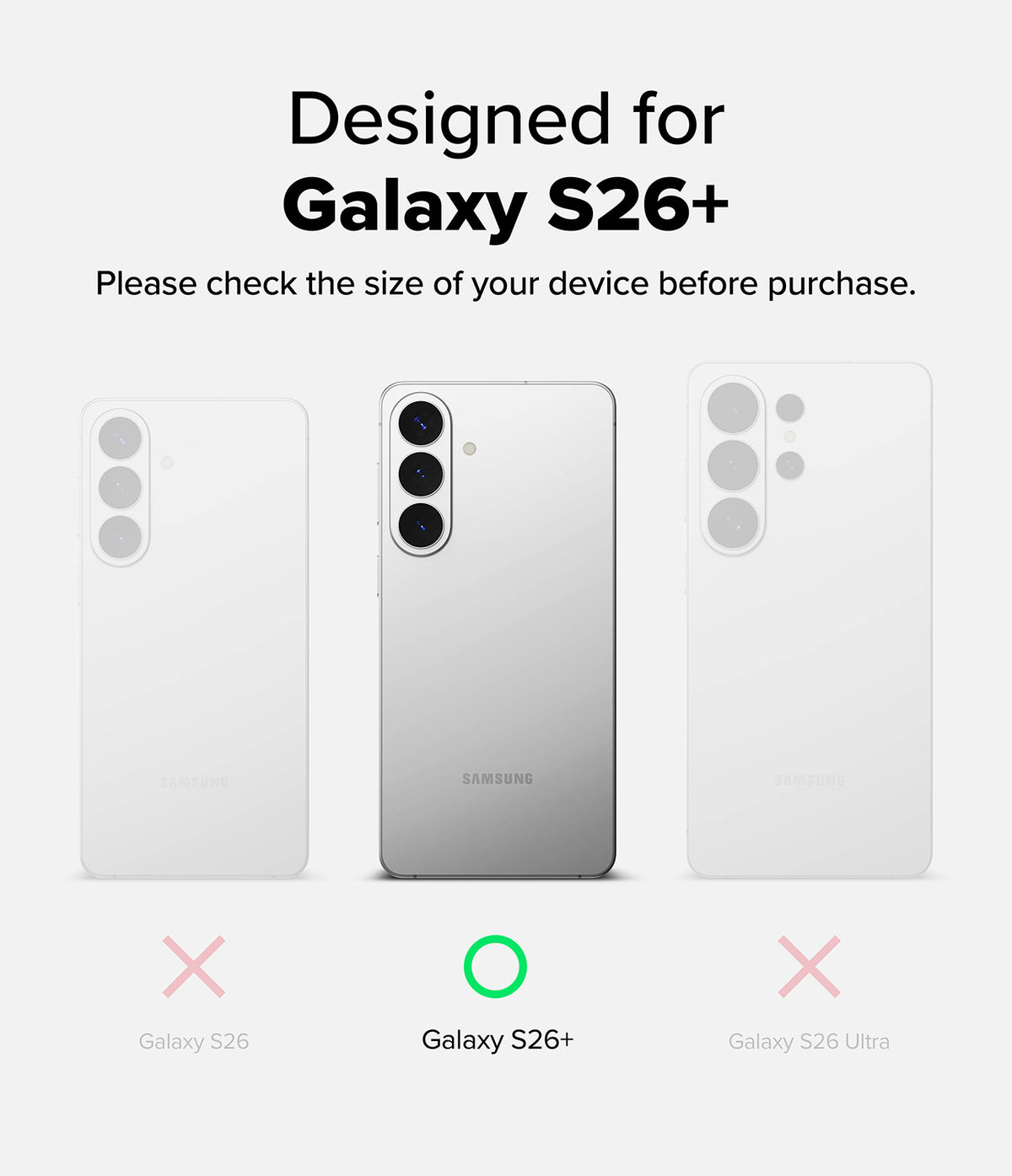 [Bundle] Galaxy S26 Plus | Onyx - Comparison chart showing Galaxy S26, S26+, and S26 Ultra, highlighting S26+ as the correct model.