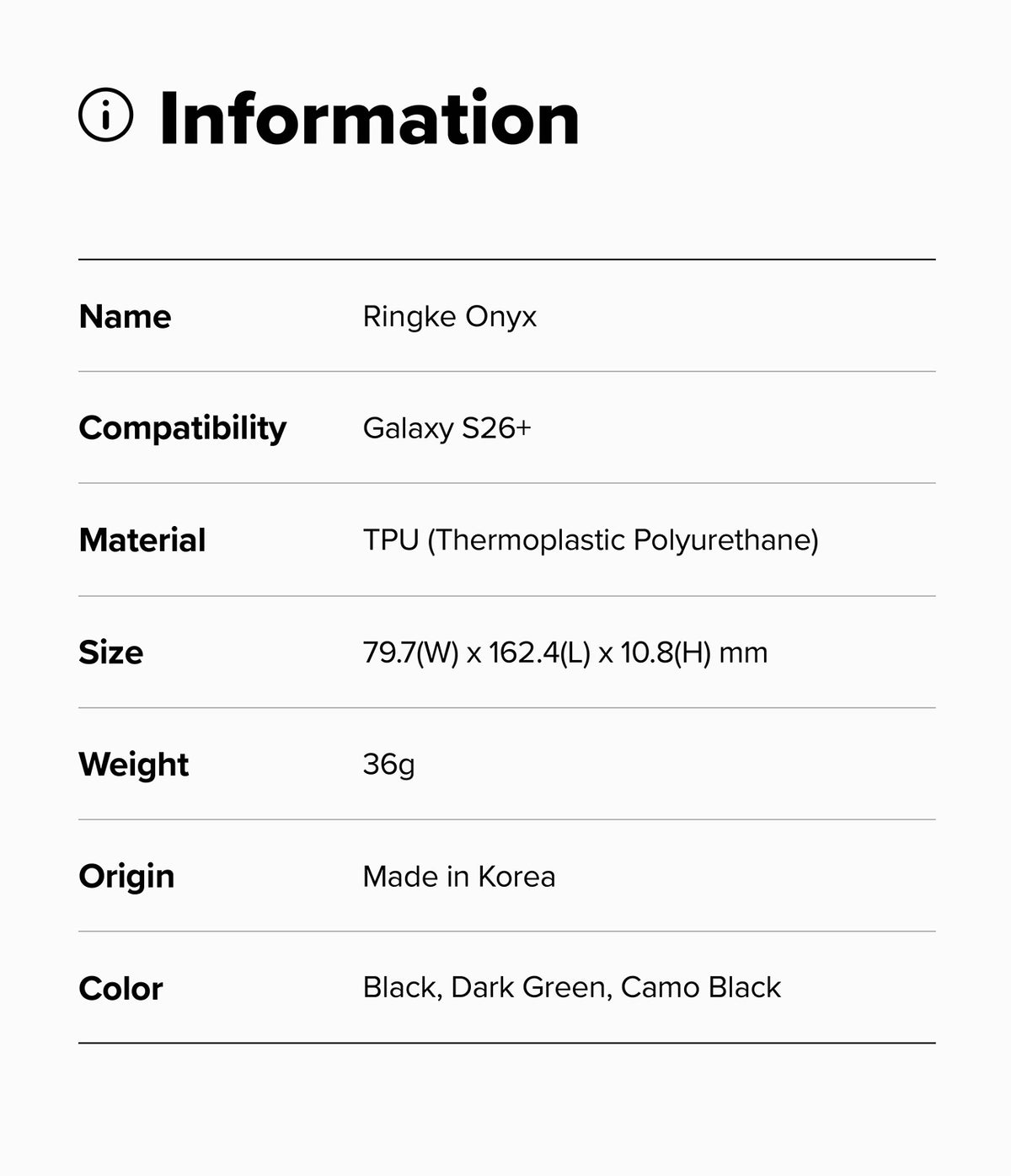 Galaxy S26 Plus Case | Onyx - Information table listing specifications for the Ringke Onyx case for Galaxy S26+.