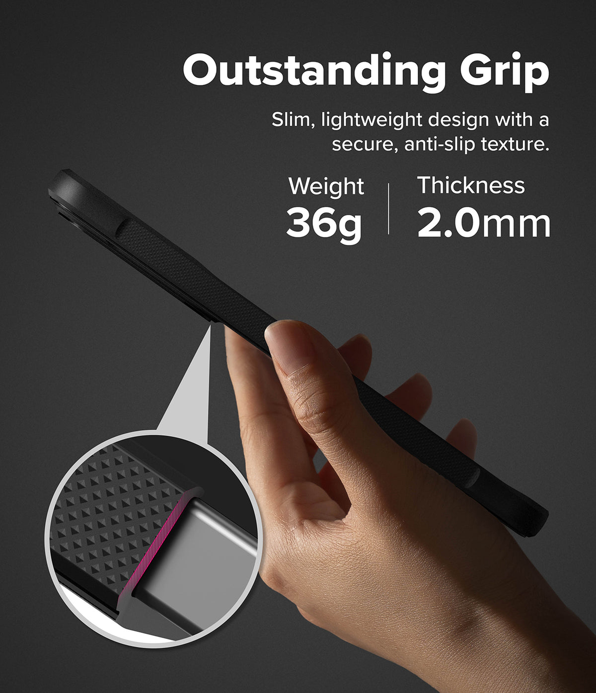 [Bundle] Galaxy S26 Plus | Onyx - Galaxy S26 Plus | Onyx - Hand holding a slim black phone case with a textured anti-slip grip, 36g weight, and 2.0mm thickness.