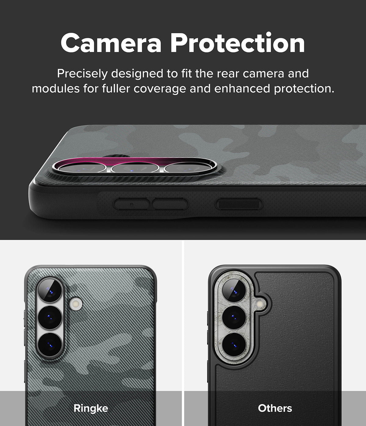 [Bundle] Galaxy S26 Plus | Onyx - Comparison showing Ringke case camera coverage versus a standard case design.