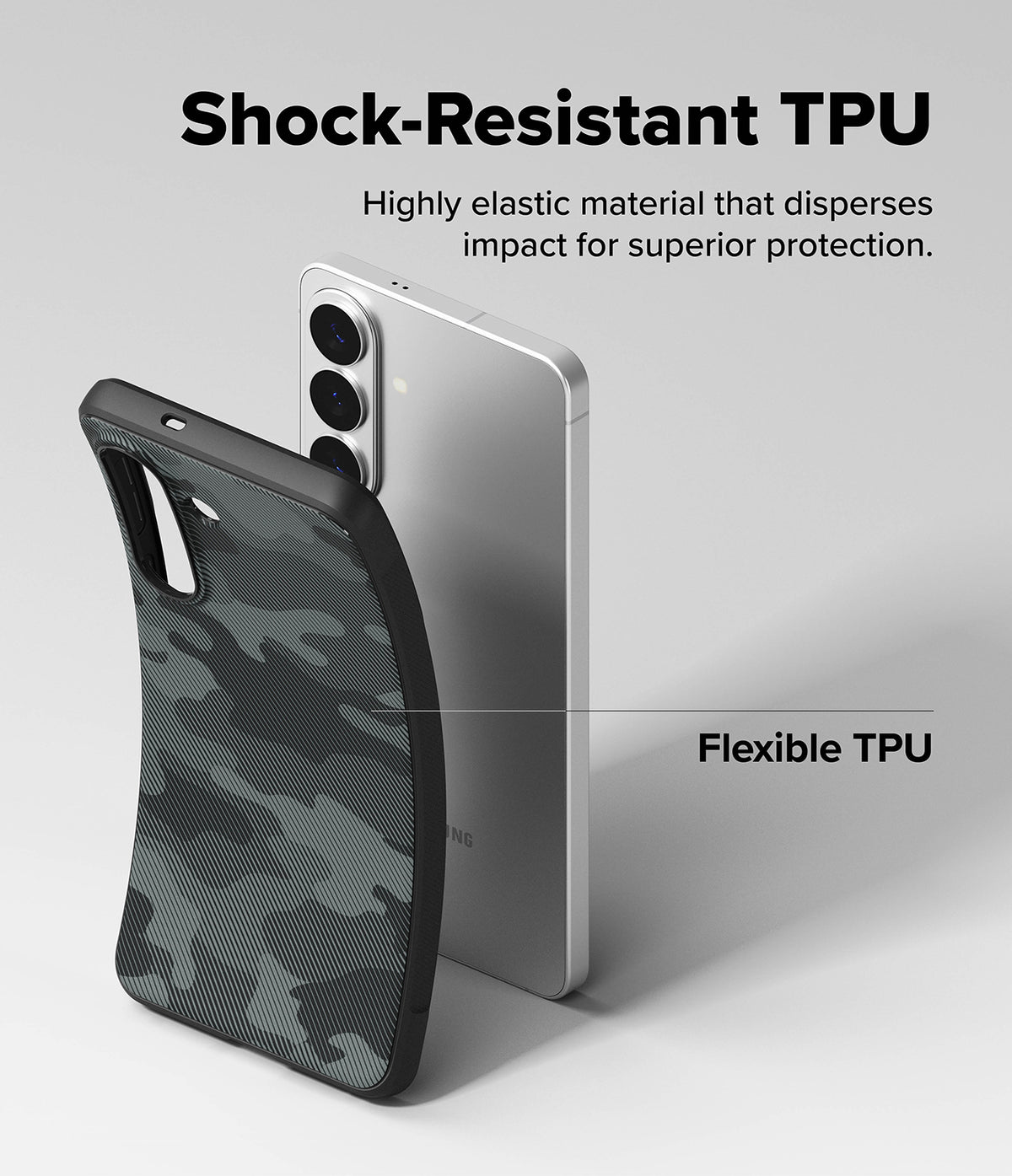 Galaxy S26 Plus Case | Onyx - A silver smartphone being inserted into a flexible, camo-patterned black shock-resistant TPU case.