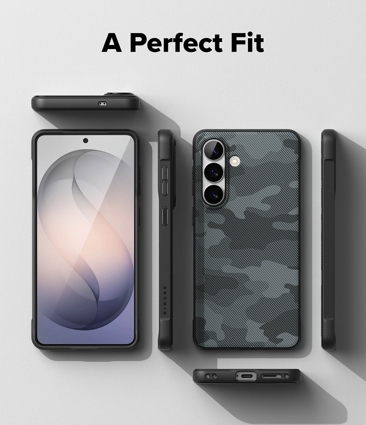 Galaxy S26 Plus Case | Onyx - Black camo phone case shown from multiple angles with front, back, and side views on a gray background.
