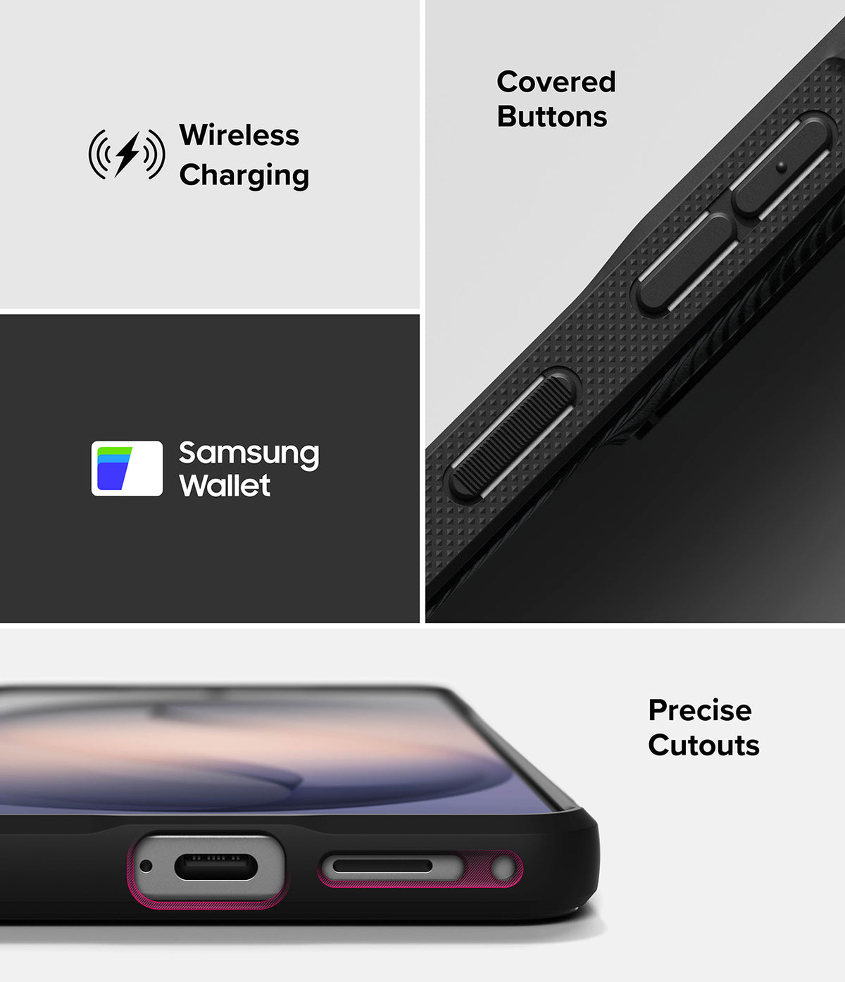 Galaxy S26 Plus Case | Onyx - Features showing wireless charging, Samsung Wallet, covered buttons, and precise port cutouts.