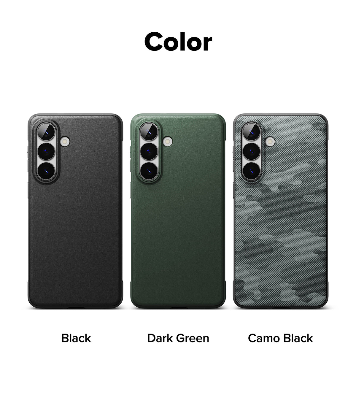 Galaxy S26 Plus Case | Onyx - Three phone cases in black, dark green, and camo black arranged side-by-side.