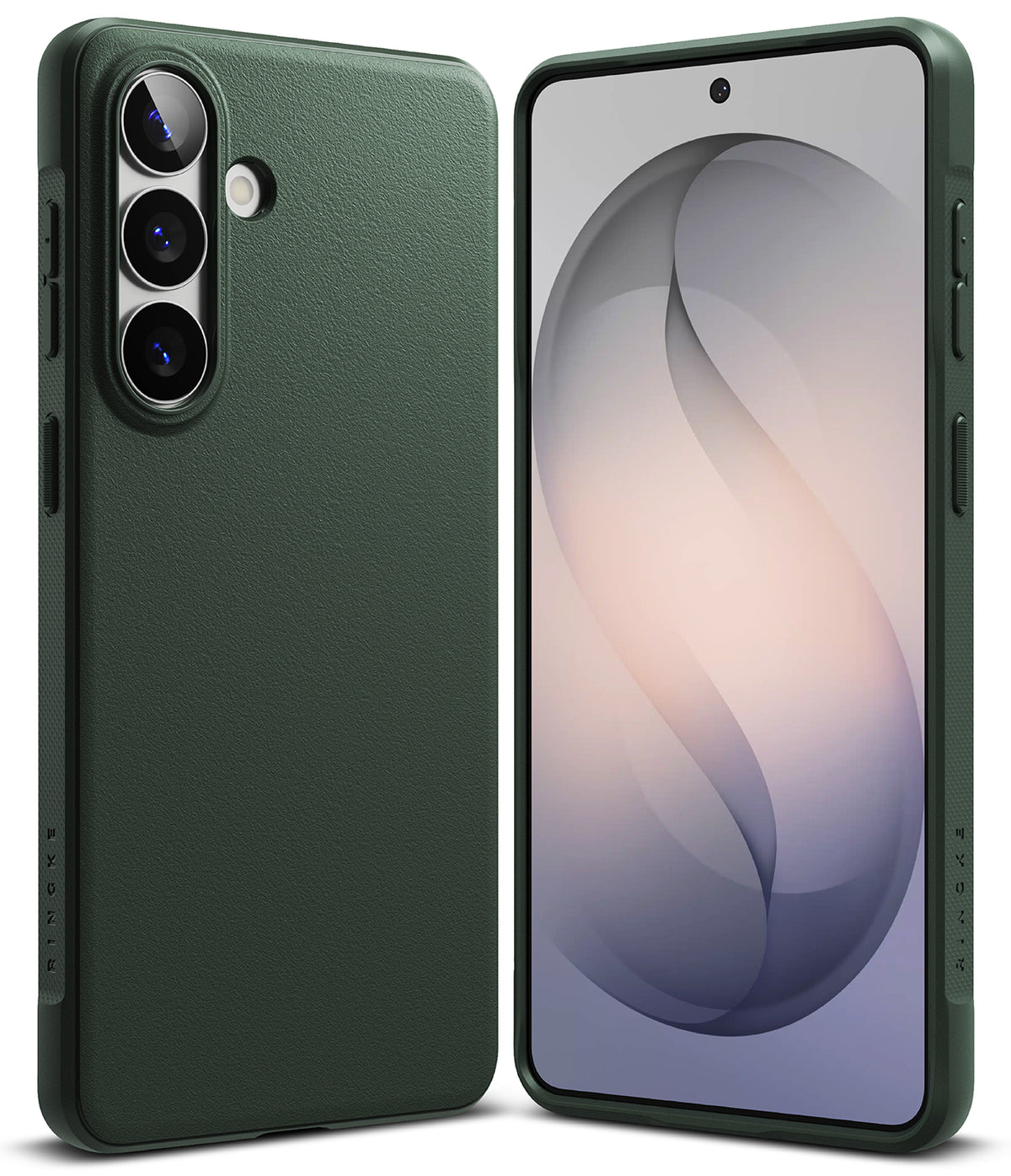 Galaxy S26 Plus Case | Onyx - Dark green textured phone case shown from back and front views with a sleek, minimalist design.
