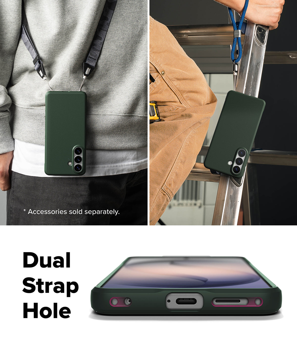 Galaxy S26 Plus Case | Onyx - Dark green phone case with dual strap holes, shown worn with lanyards and from a bottom view.