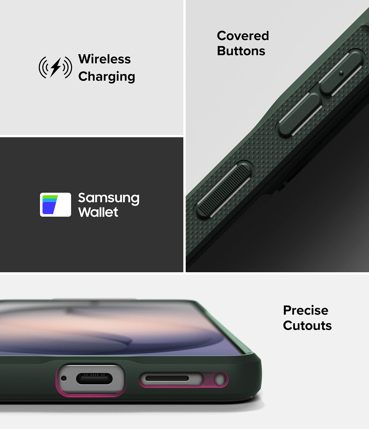 Galaxy S26 Plus Case | Onyx - Features showing wireless charging, Samsung Wallet, covered buttons, and precise port cutouts.
