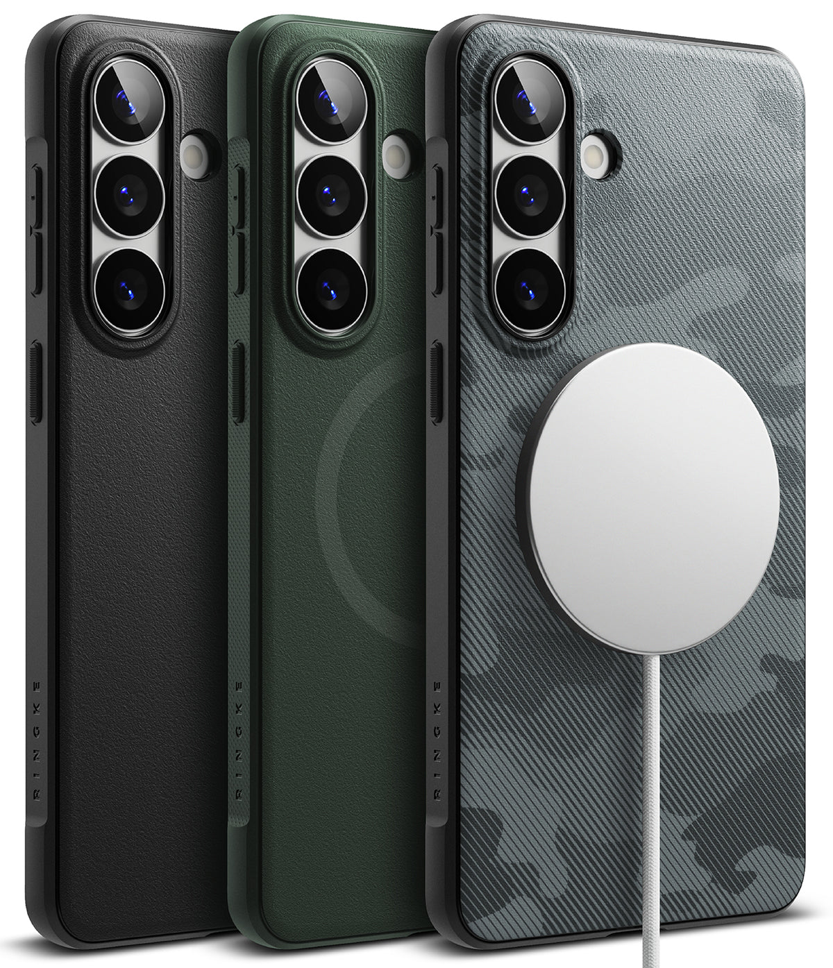 Galaxy S26 Plus Case | Onyx Magnetic - Three textured phone cases in black, green, and camo with a magnetic charger.