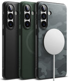 Galaxy S26 Plus Case | Onyx Magnetic - Three textured phone cases in black, green, and camo with a magnetic charger.