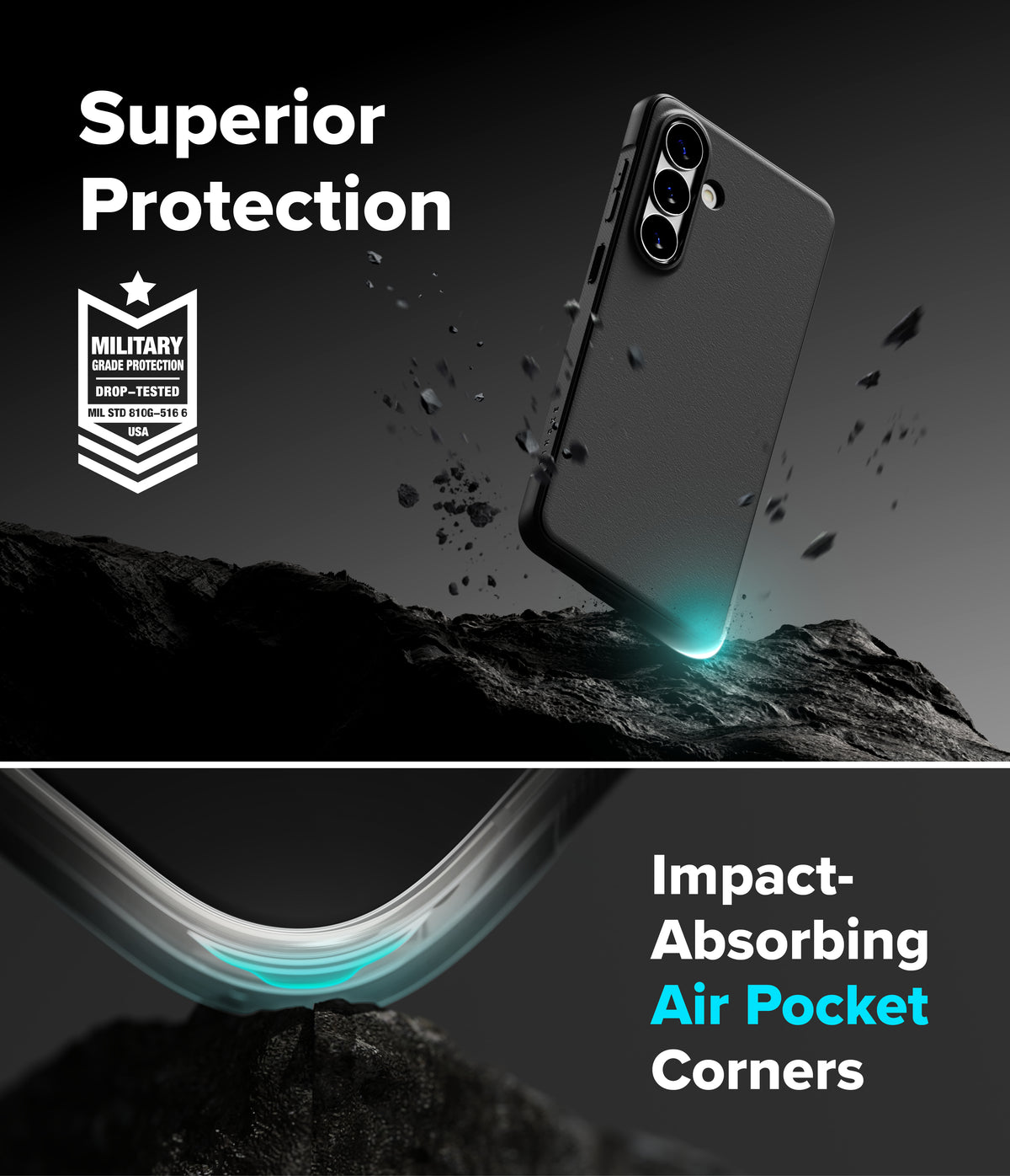 Galaxy S26 Plus Case | Onyx Magnetic - Black phone case floating above rocky terrain with air pocket corner detail.