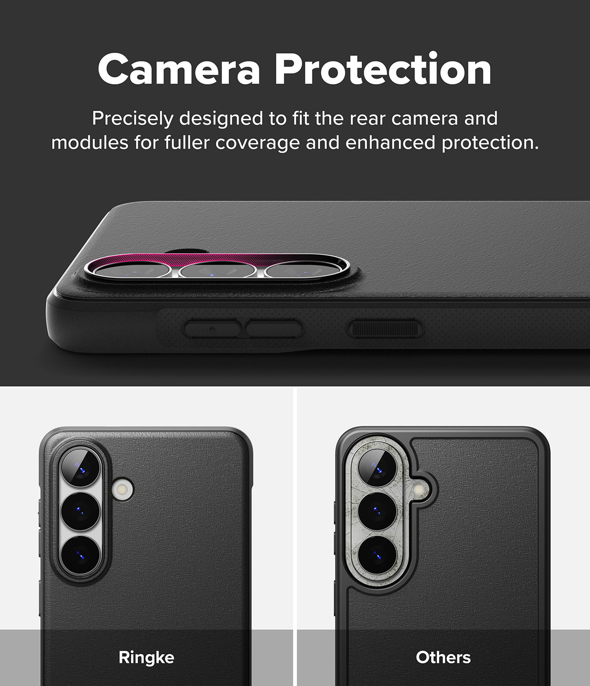 Galaxy S26 Plus Case | Onyx Magnetic - Comparison showing Ringke case camera coverage versus a standard case design.