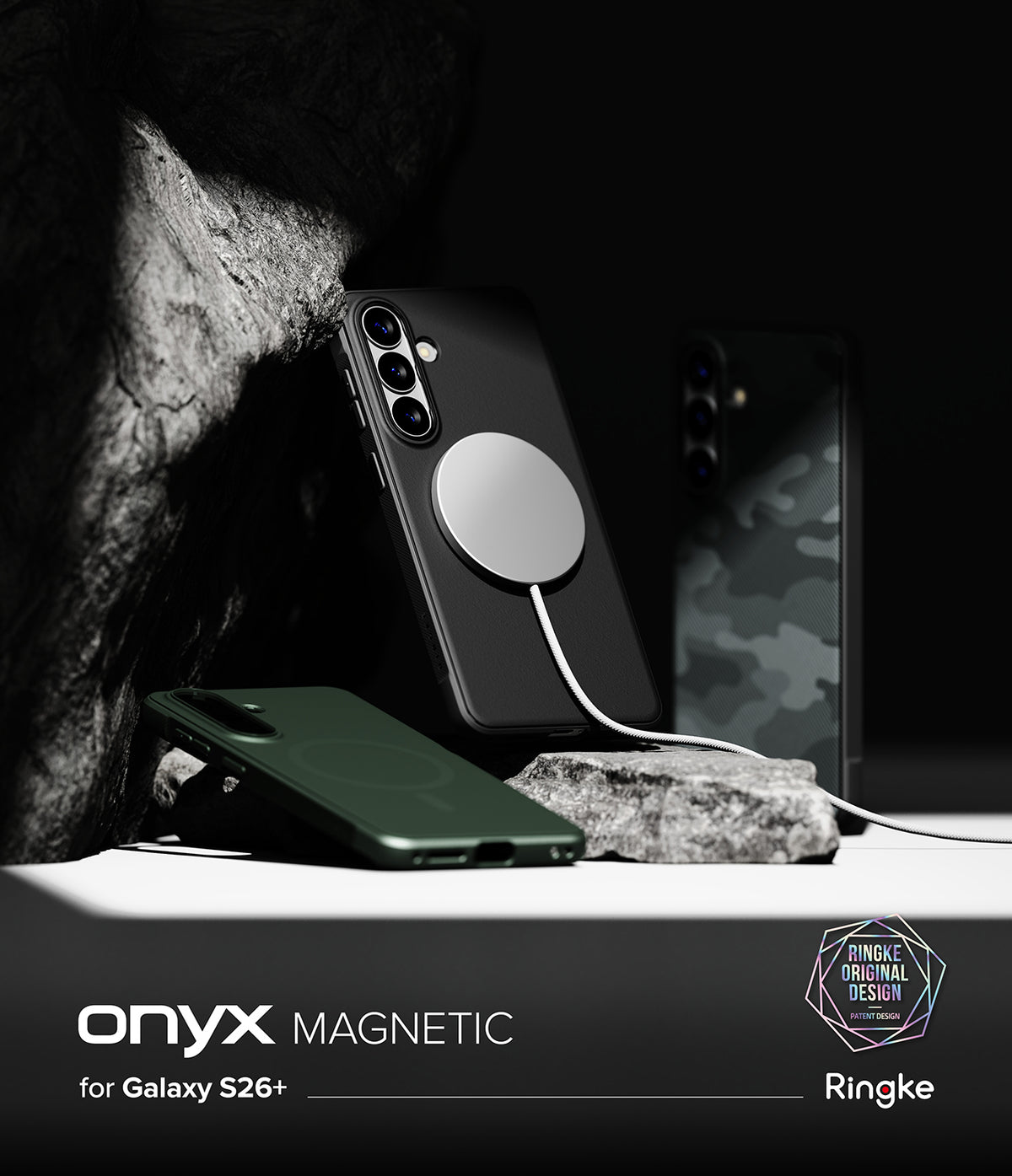 [Bundle] Galaxy S26 Plus | Onyx Magnetic - Galaxy S26 Plus | Onyx Magnetic - Black and green magnetic phone cases displayed on rocks with a charging cable.