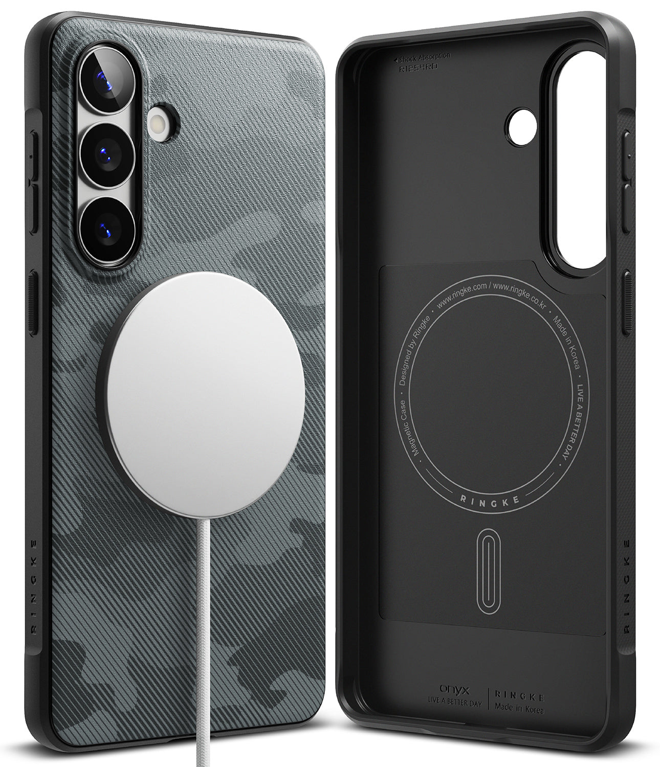Galaxy S26 Plus Case | Onyx Magnetic - Black camo phone case with a magnetic charger attached and an interior view.