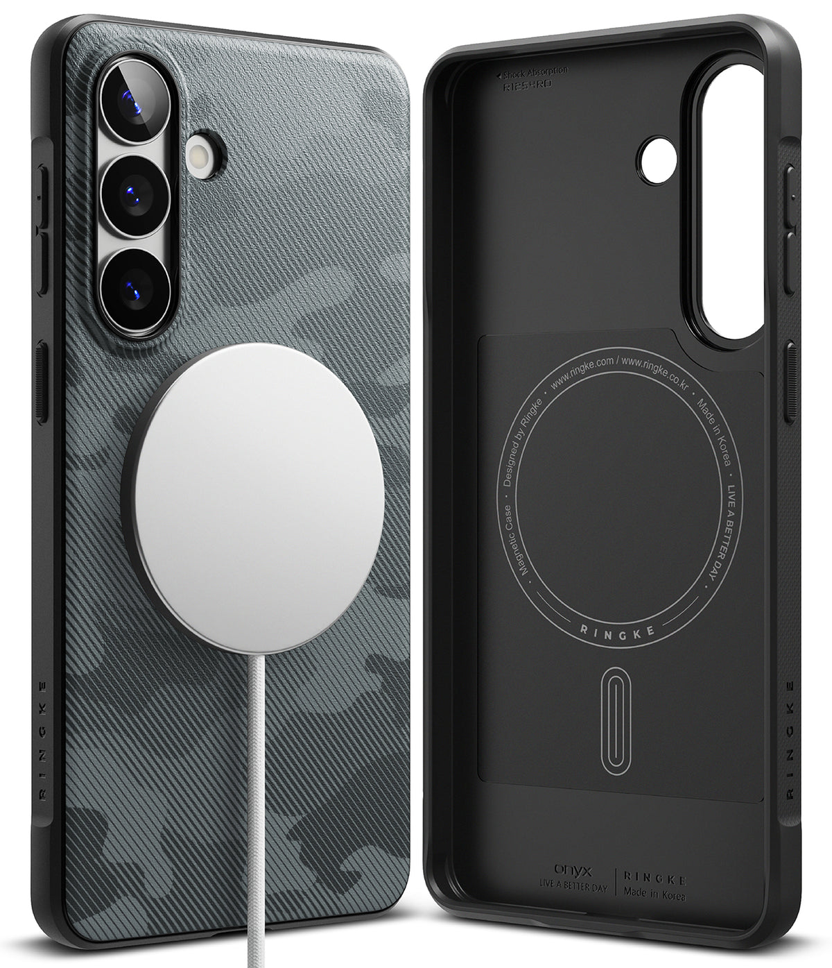 Galaxy S26 Plus Case | Onyx Magnetic - Black camo phone case with a magnetic charger attached and an interior view.