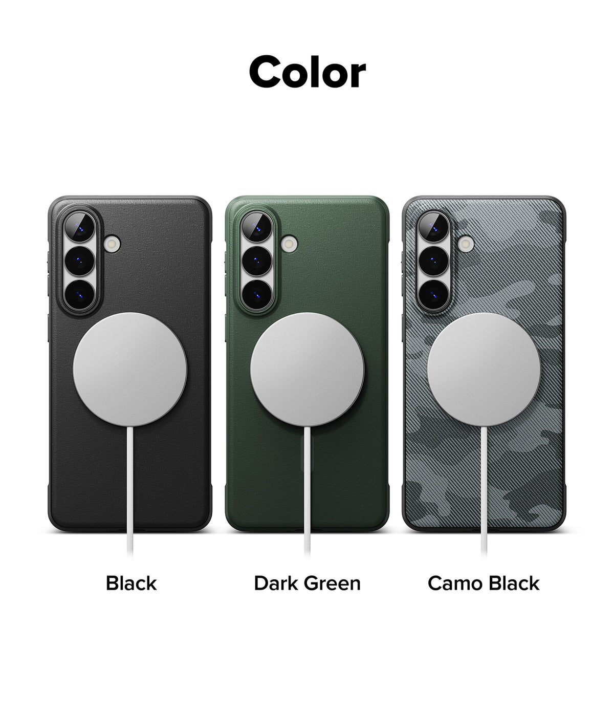 Galaxy S26 Plus Case | Onyx Magnetic - Three phone cases in black, dark green, and camo black with magnetic chargers.