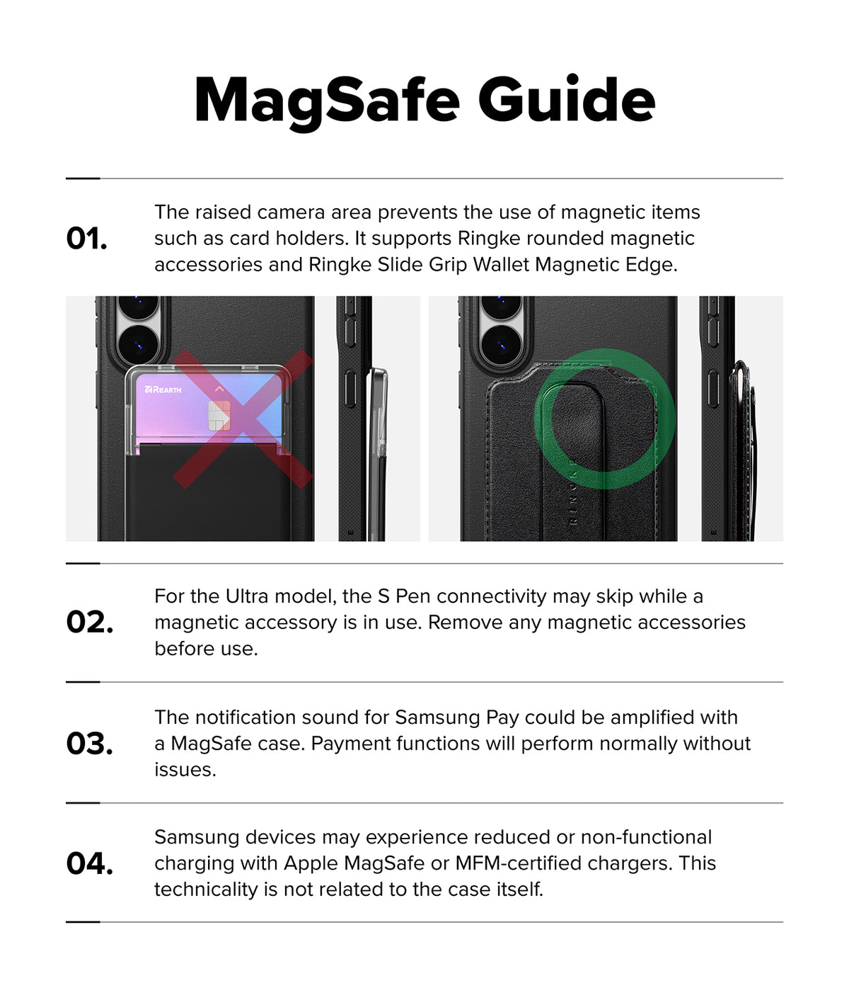 Galaxy S26 Plus Case | Onyx Magnetic - Infographic showing MagSafe compatibility, accessory usage, and charging notes.