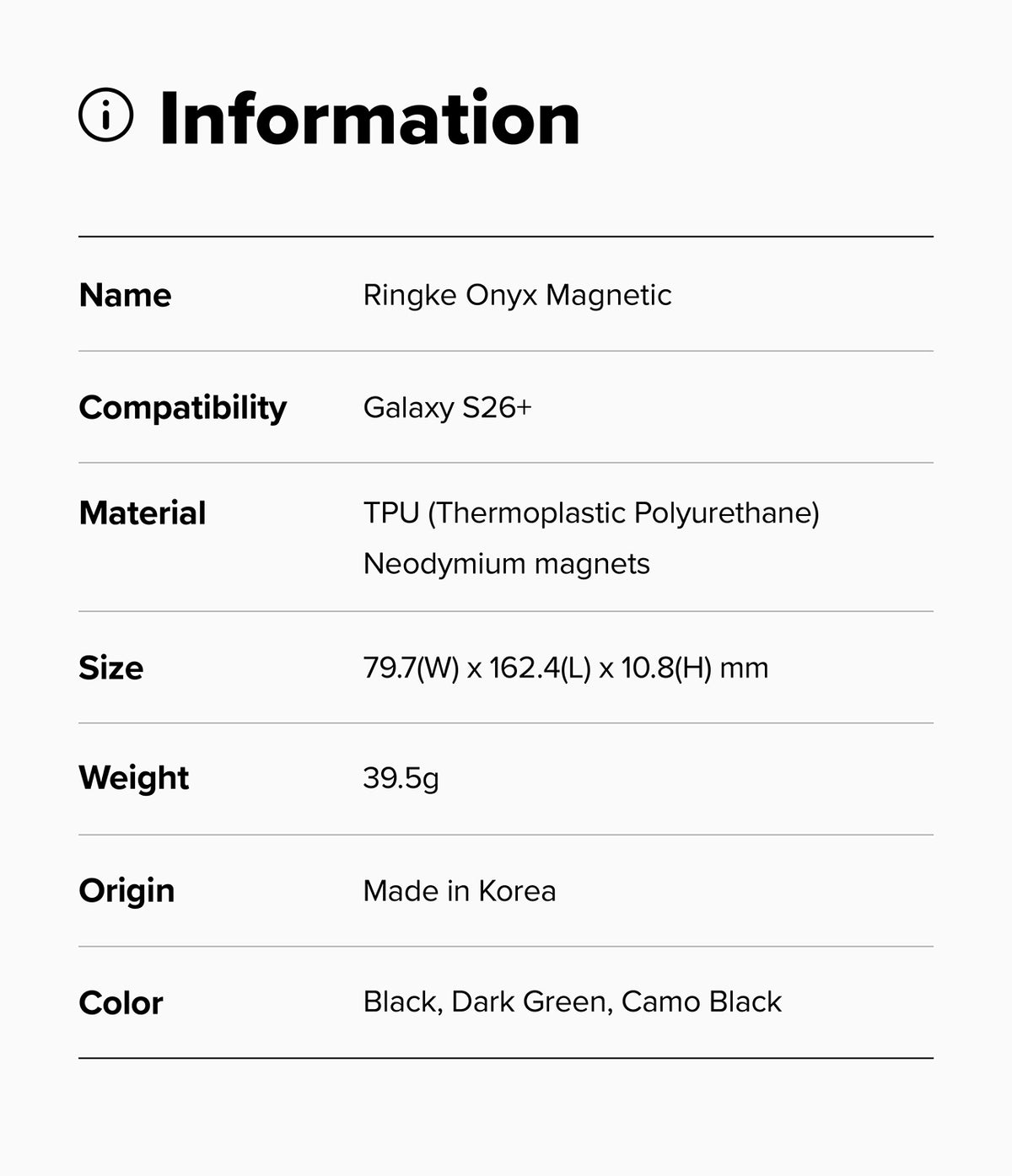 Galaxy S26 Plus Case | Onyx Magnetic - Information table listing specifications for the Ringke Onyx Magnetic case.