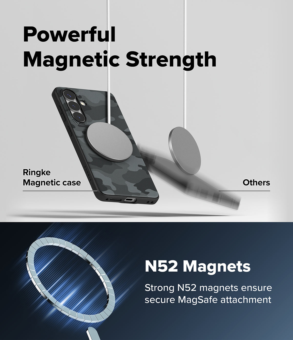 [Bundle] Galaxy S26 Plus | Onyx Magnetic - Galaxy S26 Plus | Onyx Magnetic - A camo phone case held by a strong magnet compared to a falling phone.