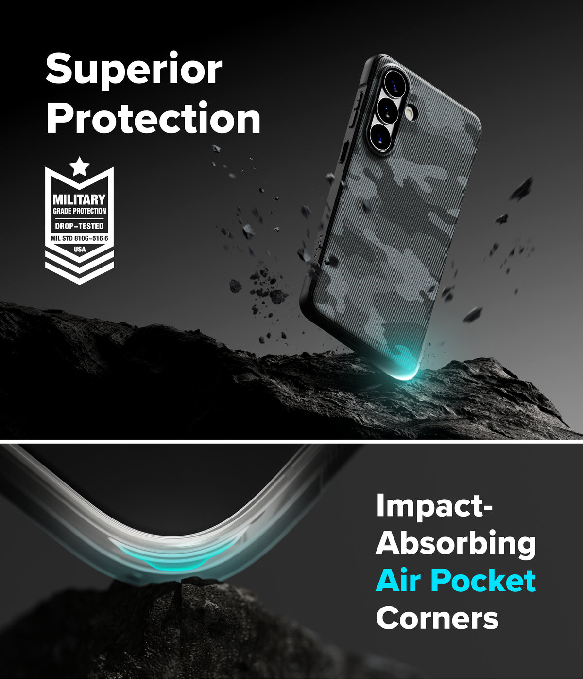 Galaxy S26 Plus Case | Onyx Magnetic - Camo phone case with military-grade protection and air-pocket corners on rocky terrain.