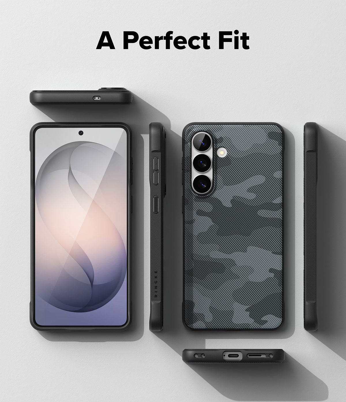 Galaxy S26 Plus Case | Onyx Magnetic - Multiple views of a black camouflage phone case showing front, back, and sides.