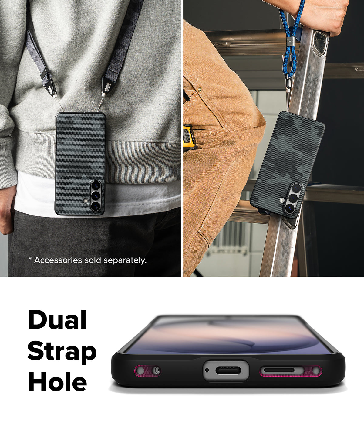 Galaxy S26 Plus Case | Onyx Magnetic - Black camo phone case with dual strap holes shown worn and on a ladder.