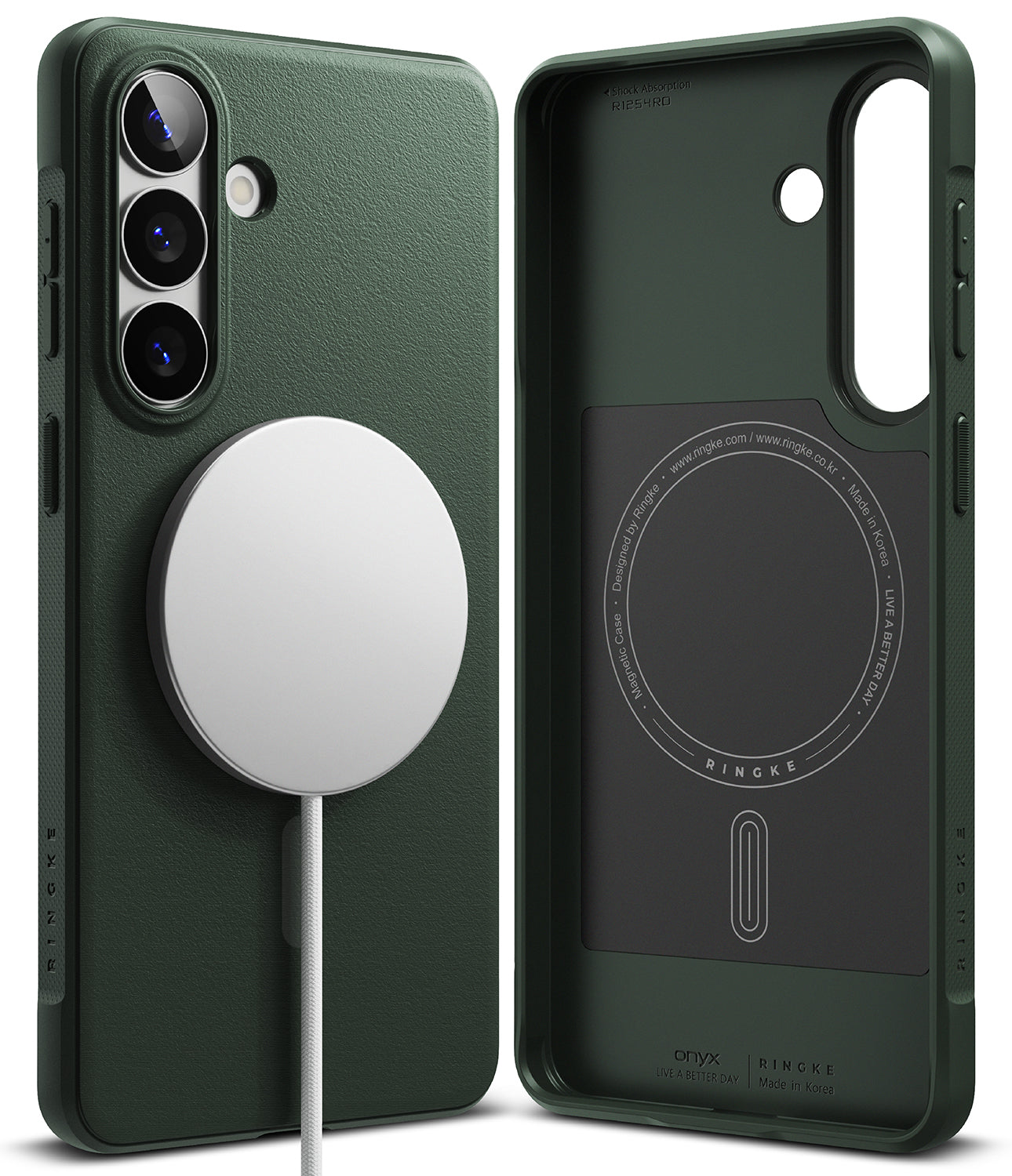 Galaxy S26 Plus Case | Onyx Magnetic - Dark green phone case with magnetic charger on back and interior view.