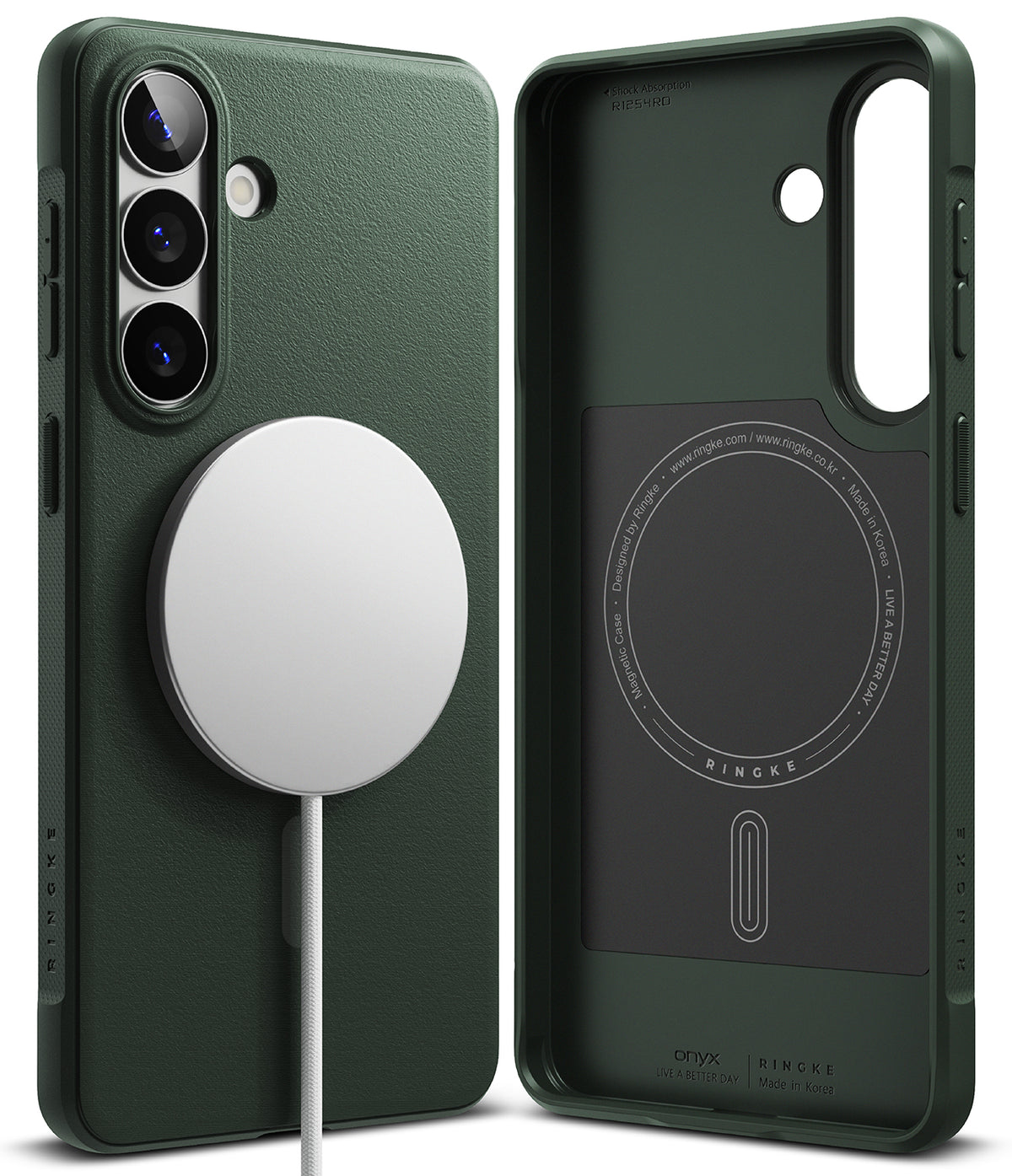 Galaxy S26 Plus Case | Onyx Magnetic - Dark green phone case with magnetic charger on back and interior view.