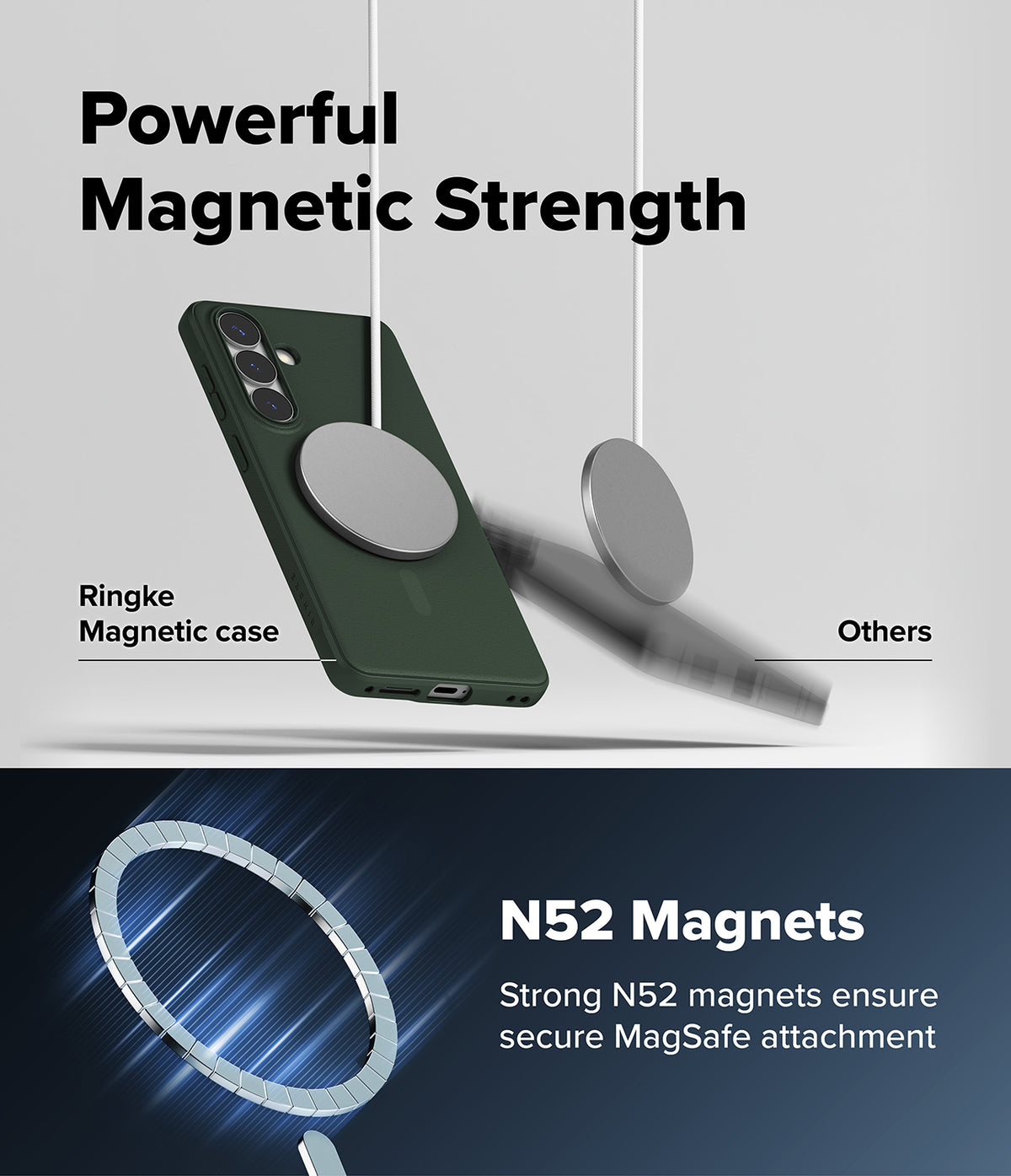 [Bundle] Galaxy S26 Plus | Onyx Magnetic - A green phone case hanging securely from a magnetic charger versus a falling phone.