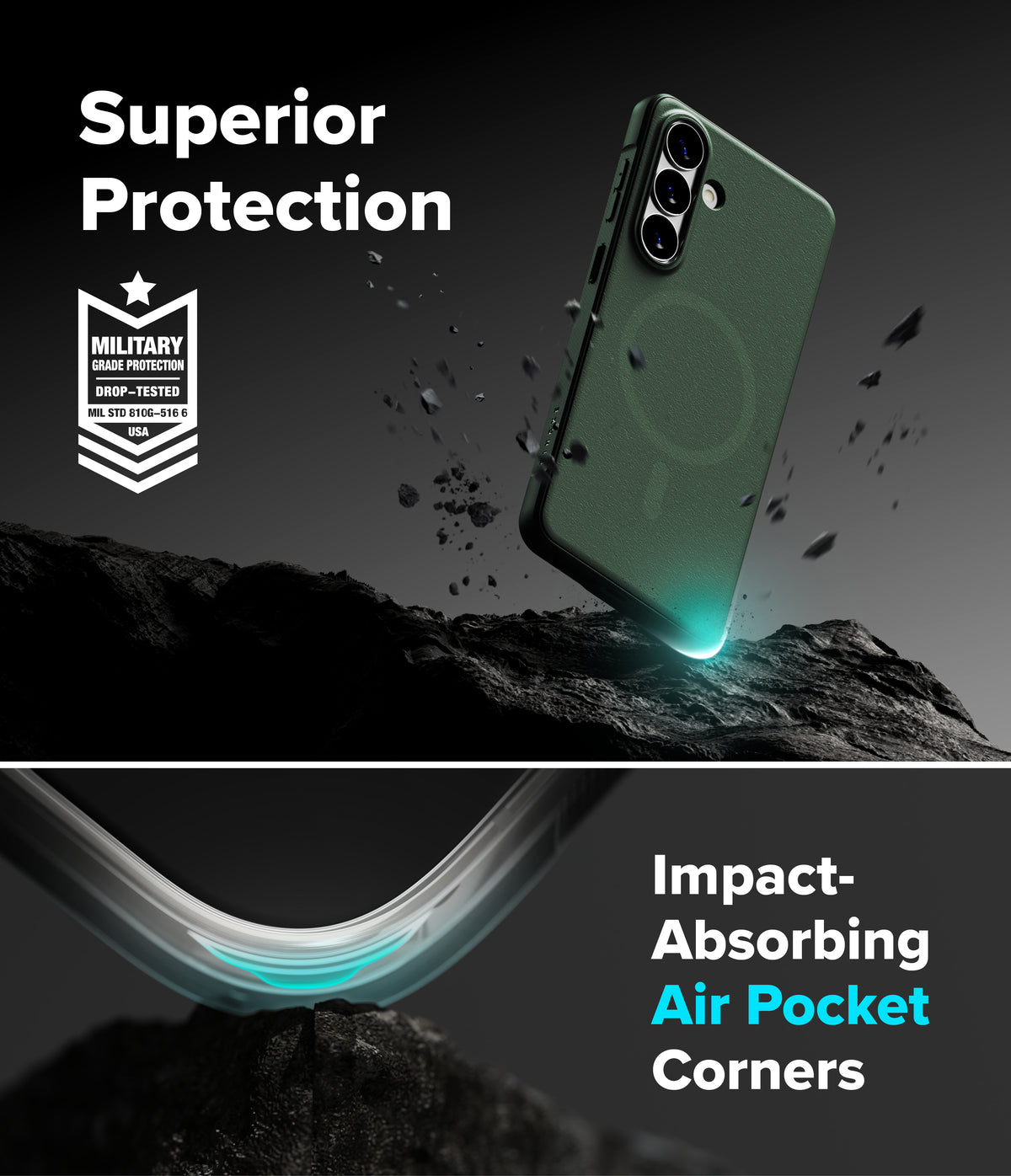 Galaxy S26 Plus Case | Onyx Magnetic - Dark green phone case with military-grade protection and air-cushioned corners.