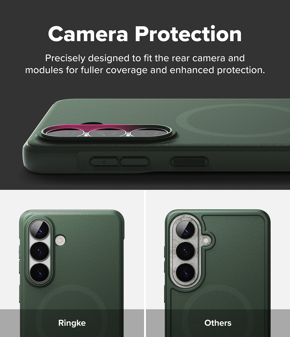 Galaxy S26 Plus Case | Onyx Magnetic - Comparison showing superior camera lens coverage of Ringke case versus others.