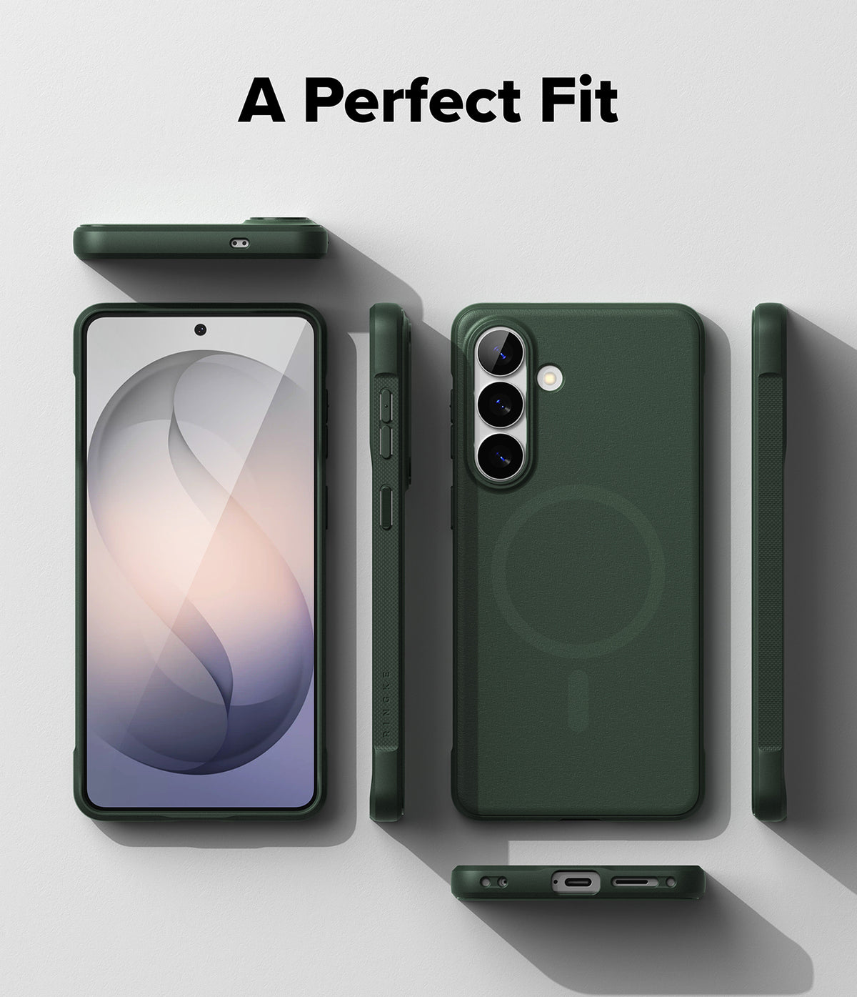 Galaxy S26 Plus Case | Onyx Magnetic - Dark green phone case shown from multiple angles with a magnetic ring design.