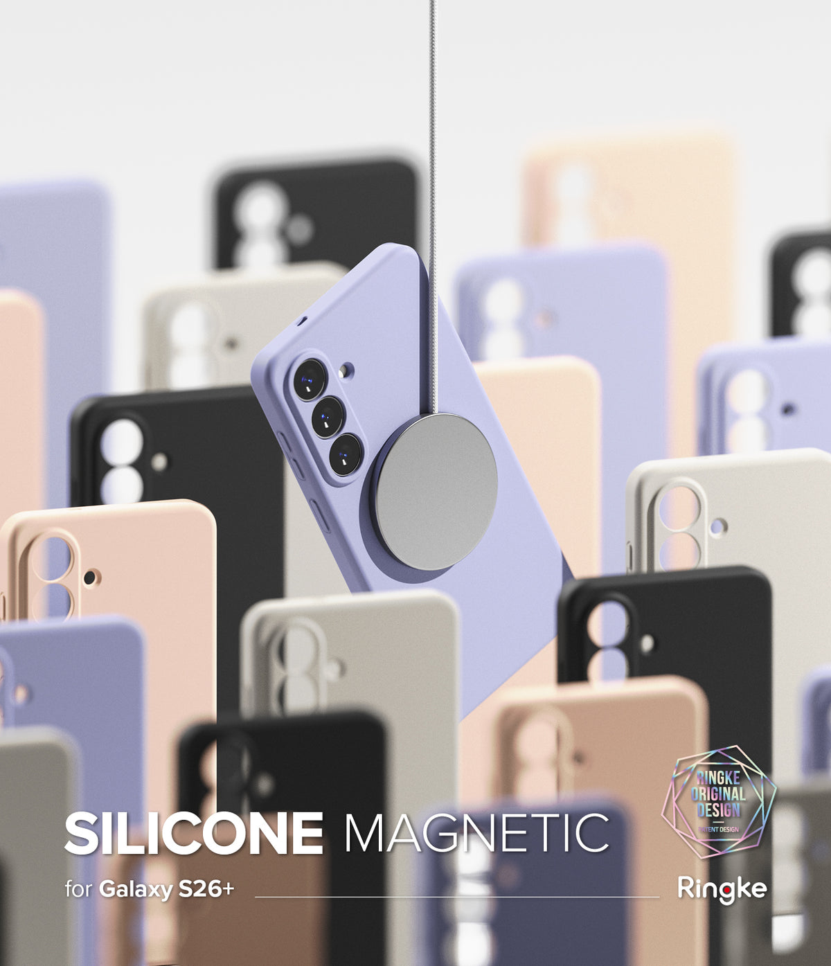 [Bundle] Galaxy S26 Plus | Silicone Magnetic - Galaxy S26 Plus | Silicone Magnetic - A lavender phone case suspended by a magnetic charger amidst various colored cases.