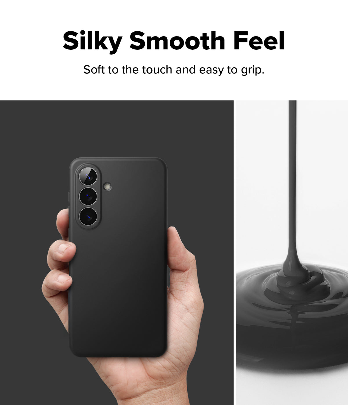[Bundle] Galaxy S26 Plus | Silicone Magnetic - Hand holding a black phone case next to a stream of liquid silicone.