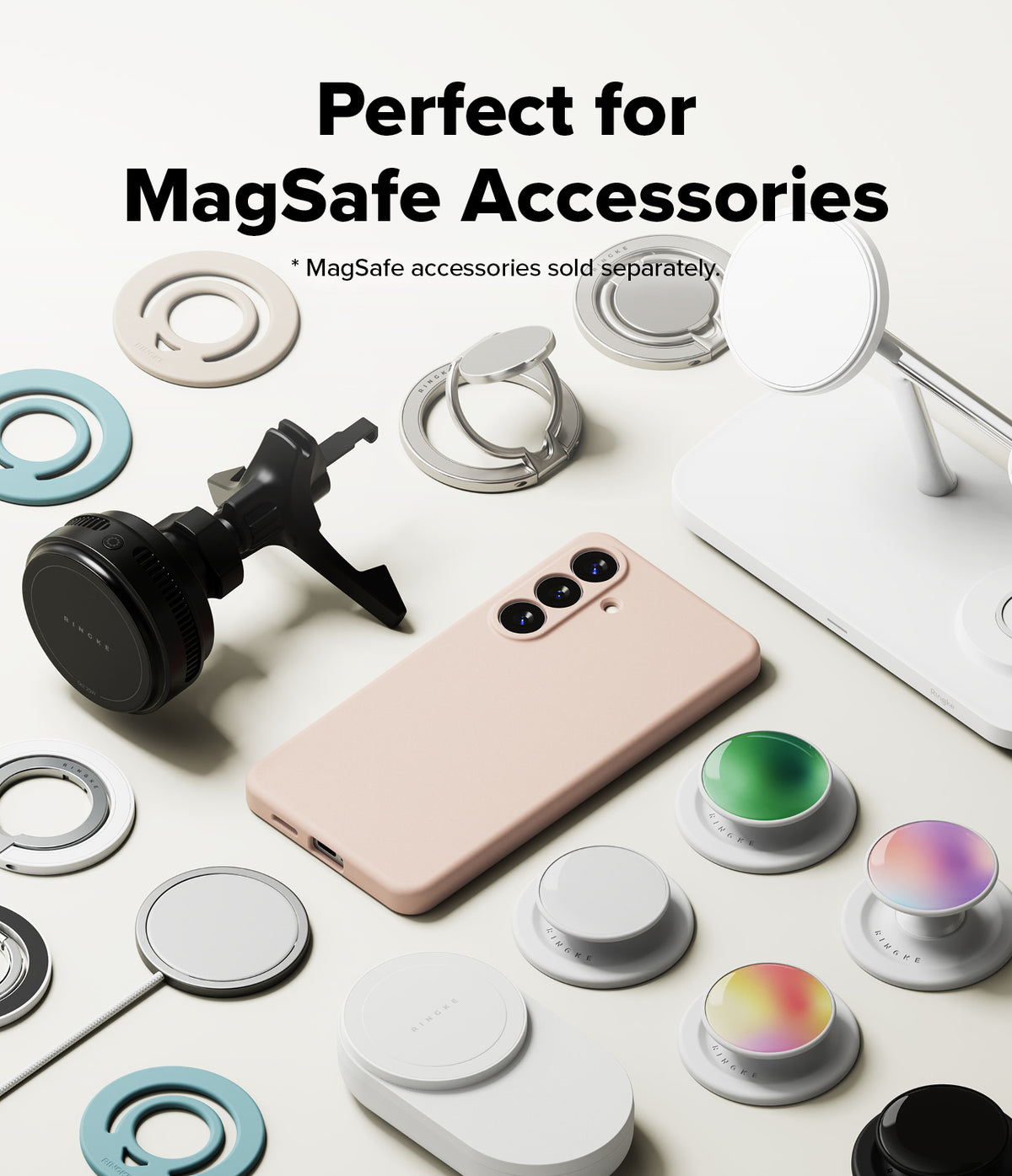 [Bundle] Galaxy S26 Plus | Silicone Magnetic - Galaxy S26 Plus | Silicone Magnetic - Pink phone case surrounded by various MagSafe chargers, rings, and grips.