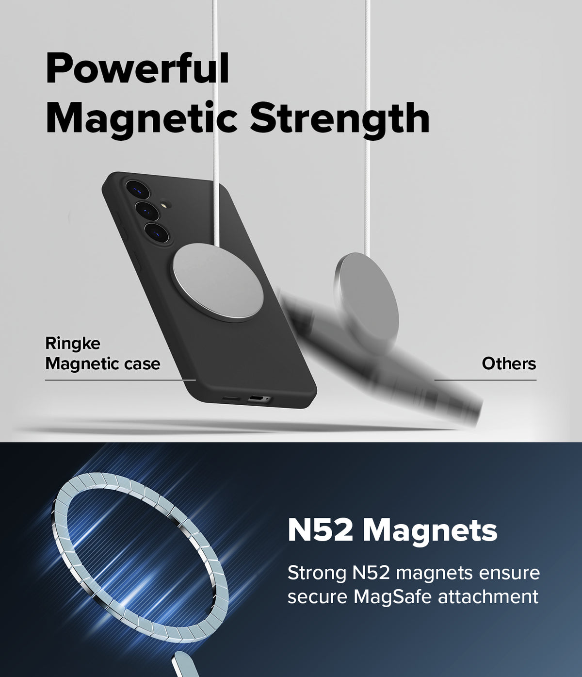 Galaxy S26 Plus Case | Silicone Magnetic - Comparison showing a secure magnetic phone case versus a falling competitor.