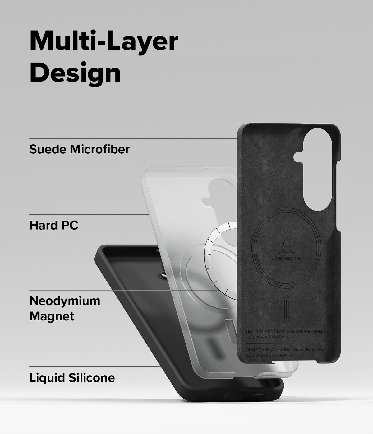 Galaxy S26 Plus Case | Silicone Magnetic - Exploded view showing suede, hard PC, magnet, and silicone layers.