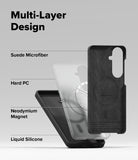 Galaxy S26 Plus Case | Silicone Magnetic - Exploded view showing suede, hard PC, magnet, and silicone layers.