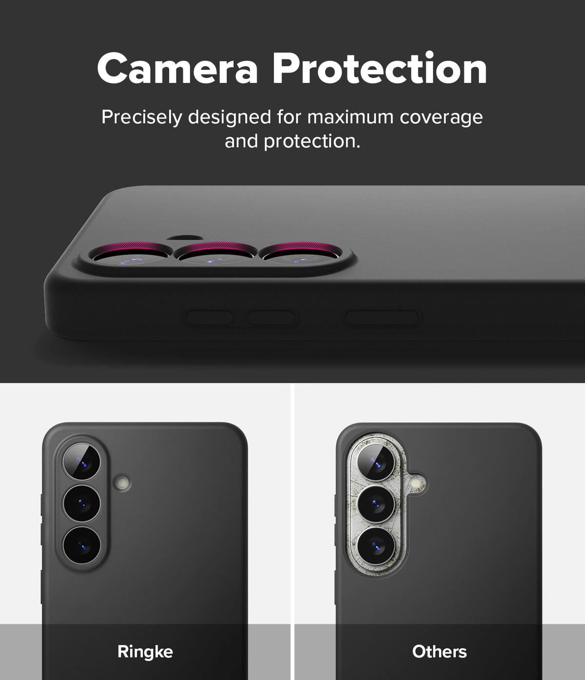 Galaxy S26 Plus Case | Silicone Magnetic - Comparison showing Ringke case camera protection versus a damaged lens.