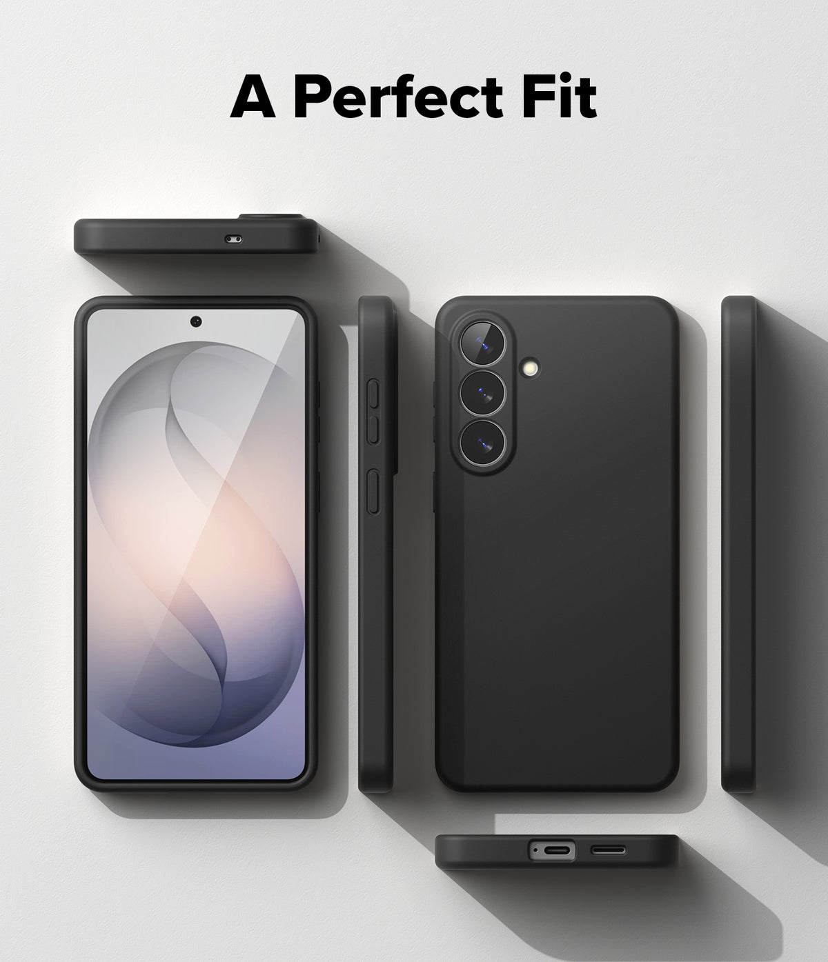 Galaxy S26 Plus Case | Silicone Magnetic - Multiple views of a black phone case surrounding a phone on a white background.