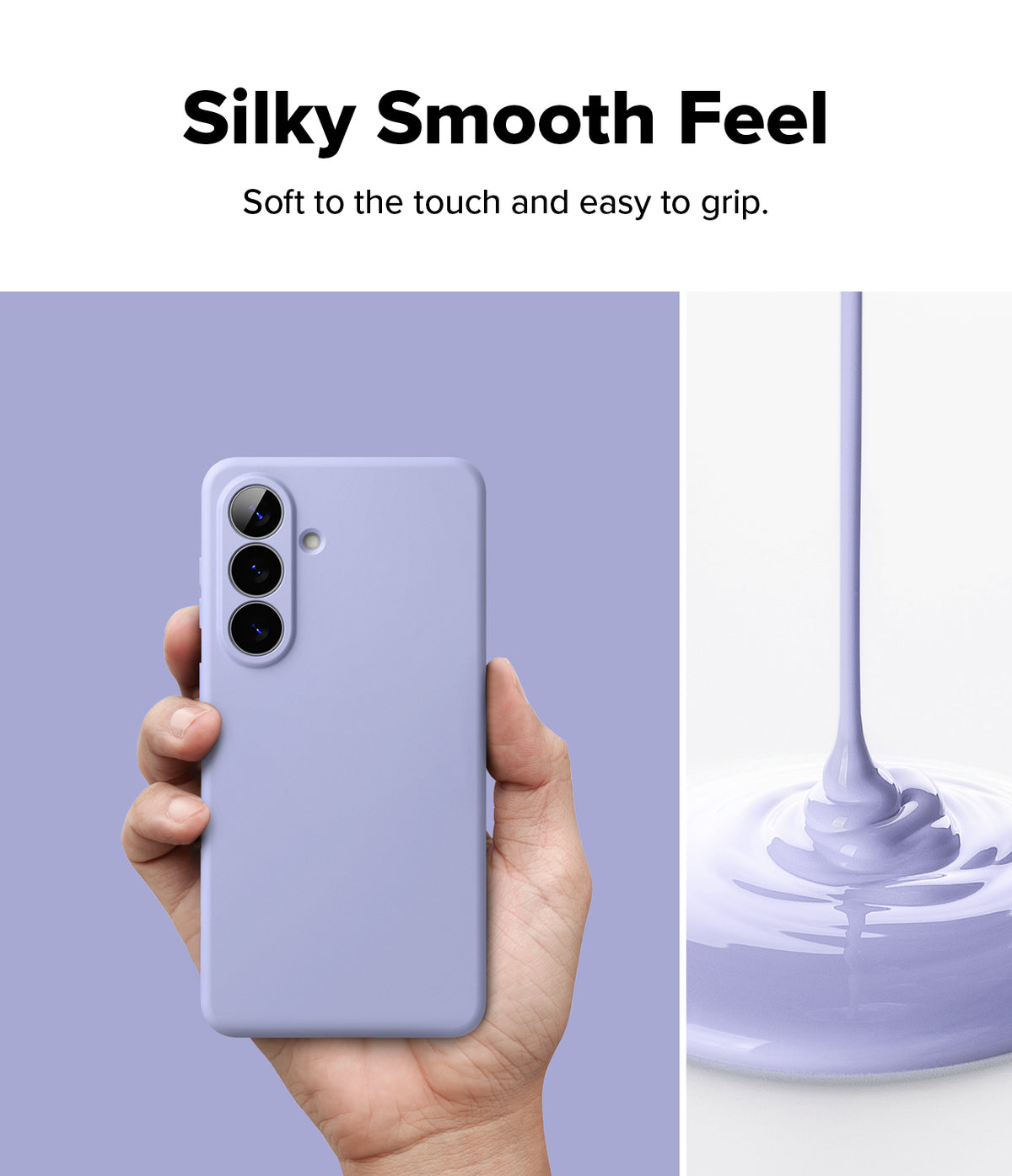 [Bundle] Galaxy S26 Plus | Silicone Magnetic - Hand holding a lavender silicone phone case next to pouring liquid.