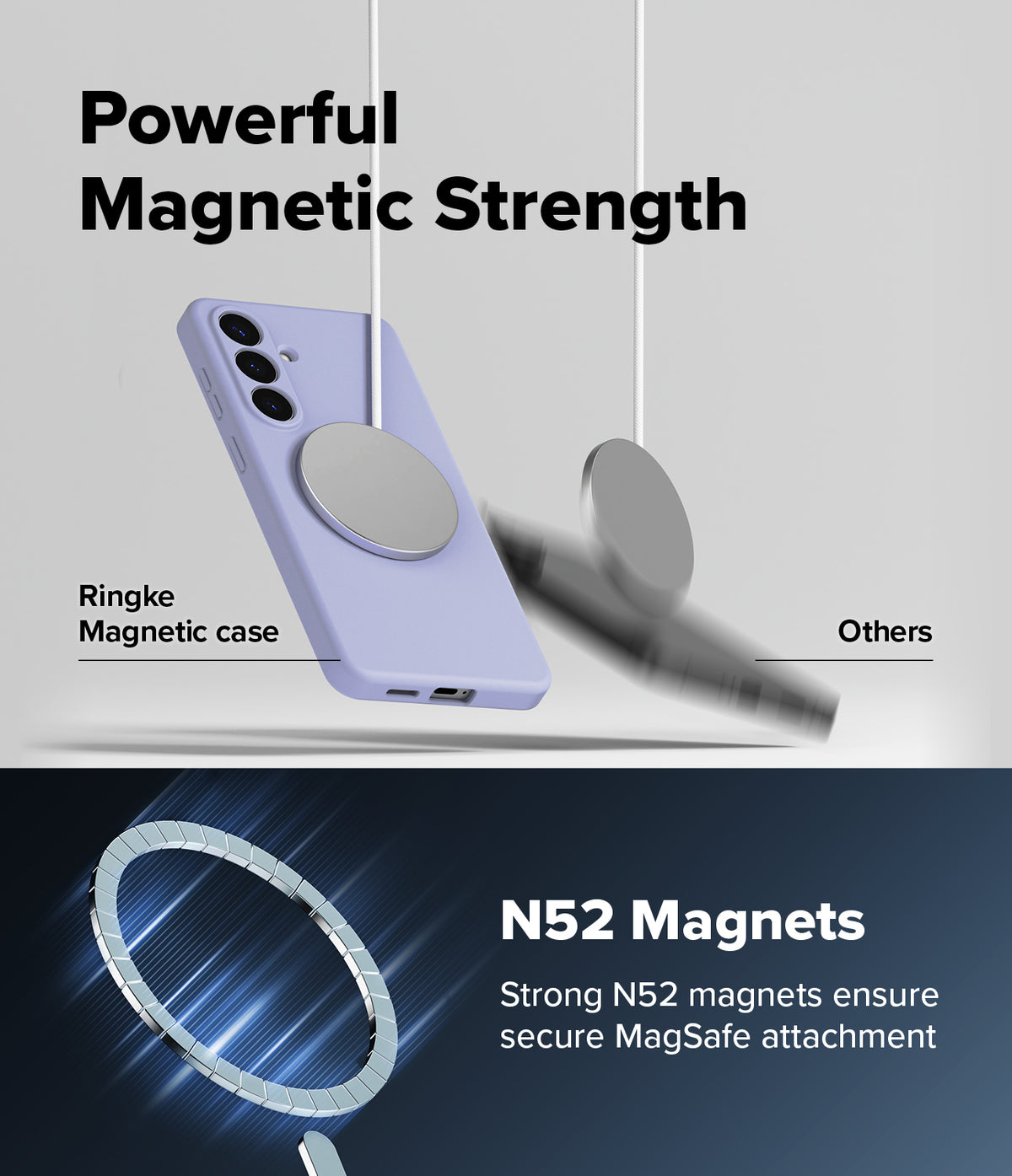 Galaxy S26 Plus Case | Silicone Magnetic - Lavender phone case with strong magnetic attachment compared to a weak one.