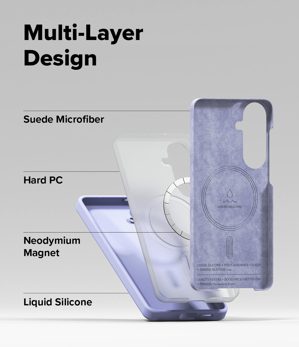 Galaxy S26 Plus Case | Silicone Magnetic - Exploded view showing suede, hard PC, magnet, and silicone layers.