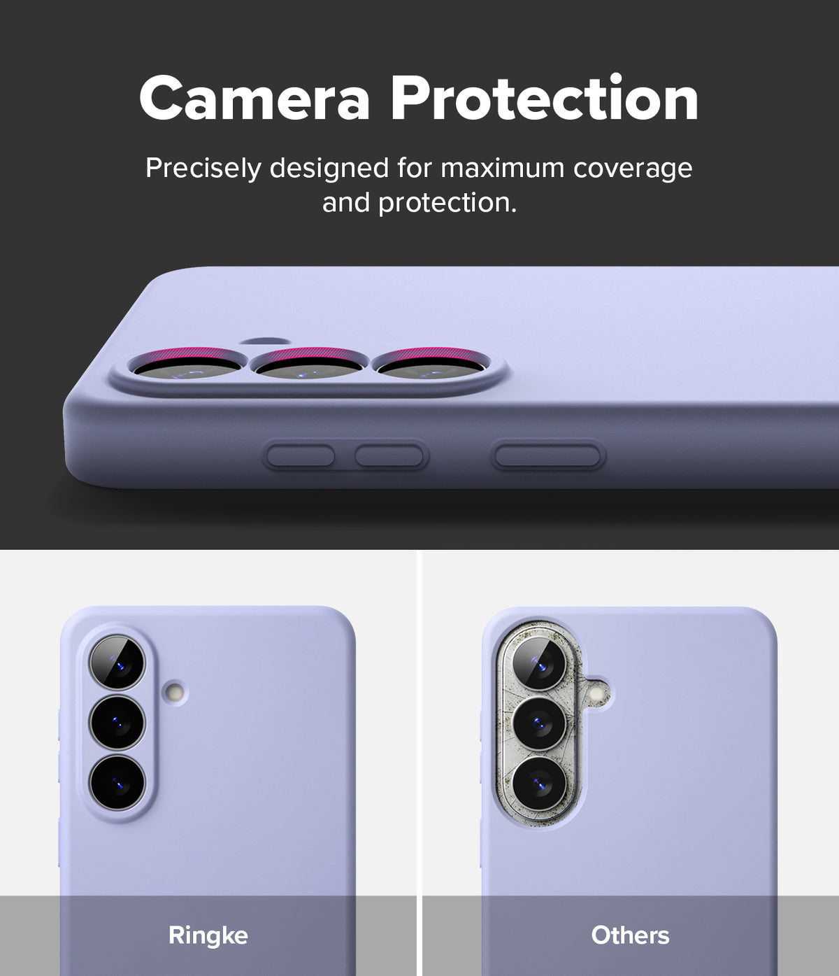 Galaxy S26 Plus Case | Silicone Magnetic - Comparison showing Ringke case camera protection versus a competitor.