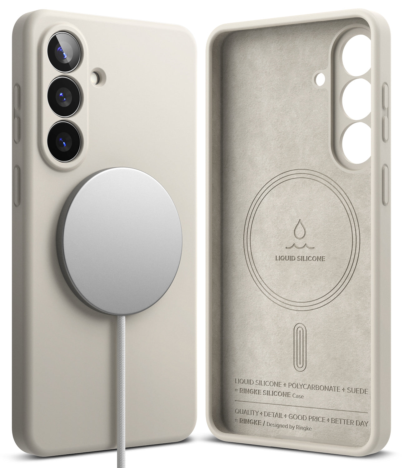 Galaxy S26 Plus Case | Silicone Magnetic - Beige silicone phone case with magnetic charger and suede-lined interior.