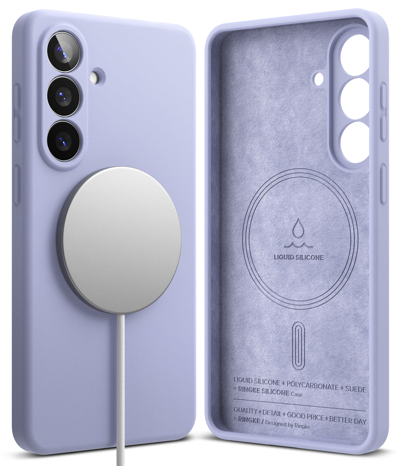 Galaxy S26 Plus Case | Silicone Magnetic - Lavender silicone phone case with magnetic charger and suede-lined interior.