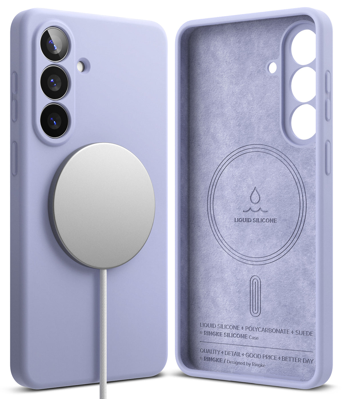 Galaxy S26 Plus Case | Silicone Magnetic - Lavender silicone phone case with magnetic charger and suede-lined interior.