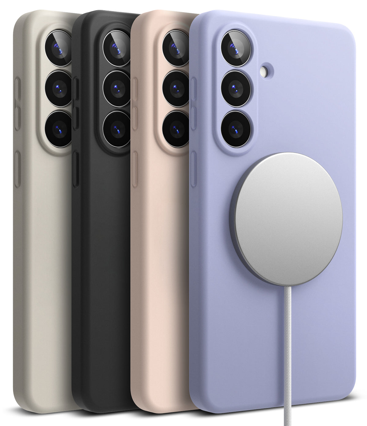 Galaxy S26 Plus Case | Silicone Magnetic - Four silicone phone cases in beige, black, peach, and purple with a magnetic charger.