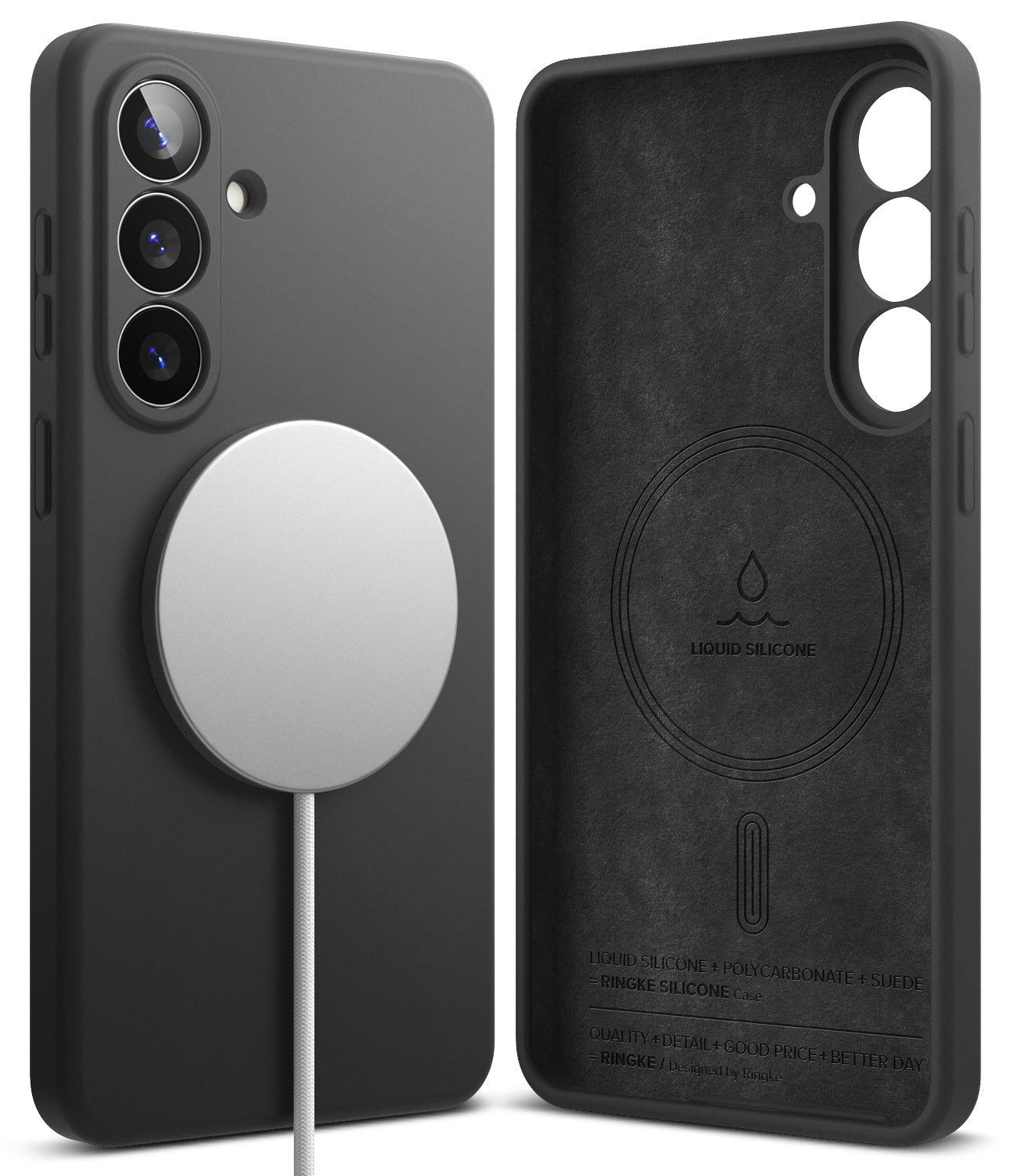 Galaxy S26 Plus Case | Silicone Magnetic - Matte black magnetic phone case shown from back and interior views.